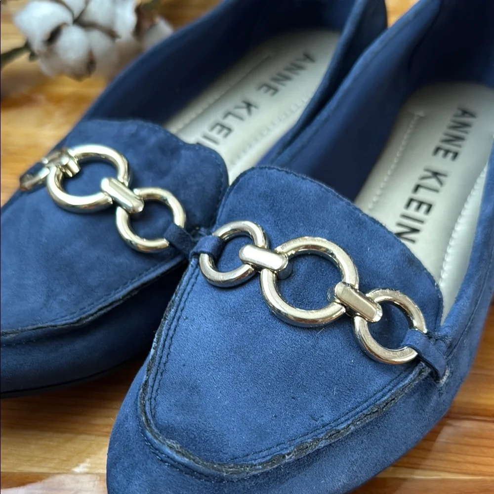 Anne Klein Blue Suede Flats with Silver Ring Detail - Picture 2 of 5